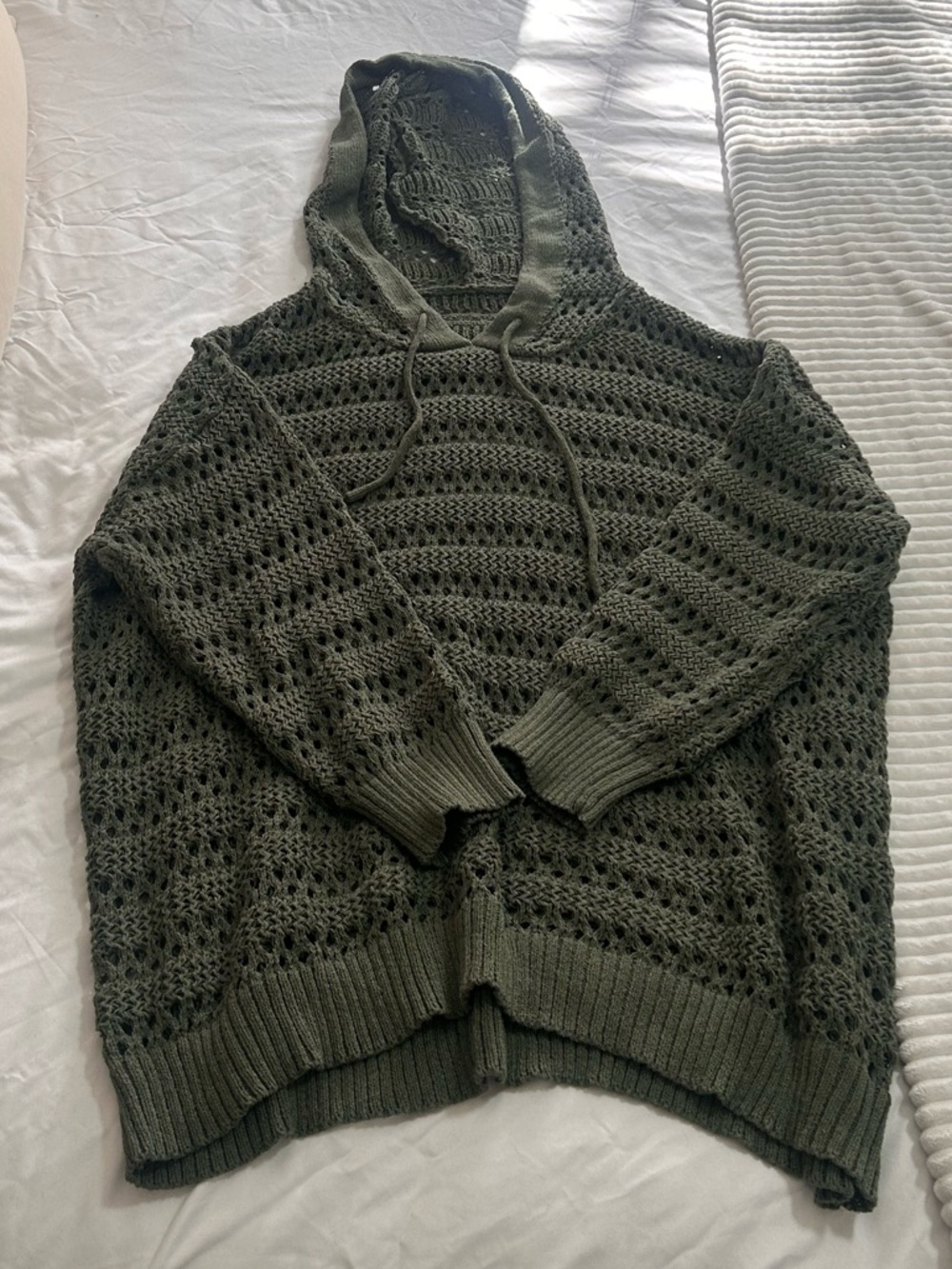 BloomChic Olive Green Open-Knit Hooded Zip Sweater